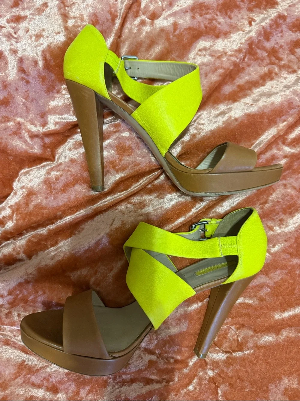 Longchamp Le Pliage Cuir Neon Yellow and Brown High Heel Sandals - Size 9.5/ 41